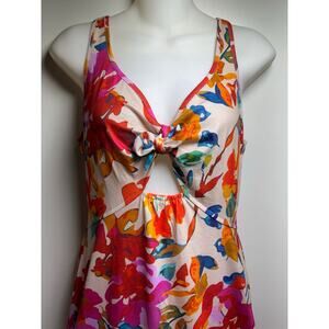 Y2K Halter Midi Dress Sz M Floral Orange Pink Teal Side Slits New Tropical Beach